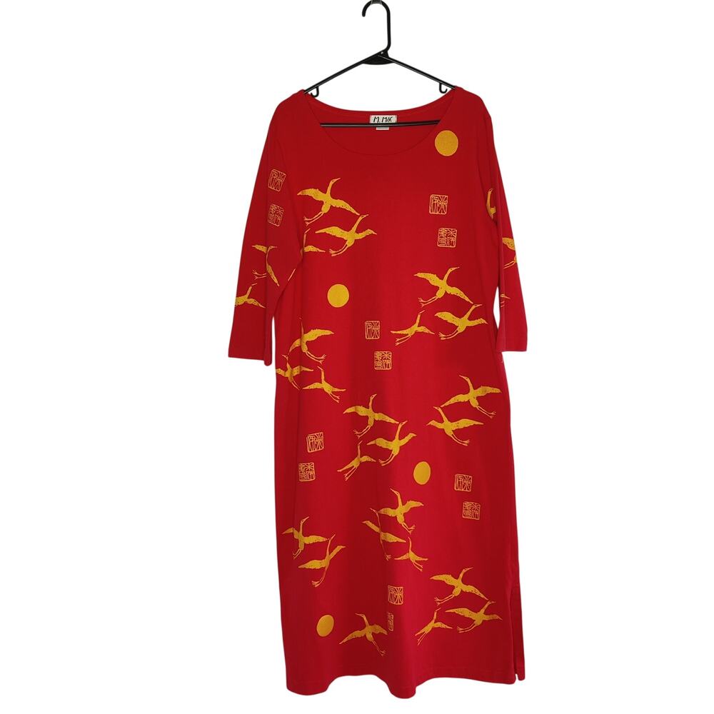 M. Mac Red Cotton Asian Crane Gold Stamp Midi Dress Large Art to Wear Lagenlook